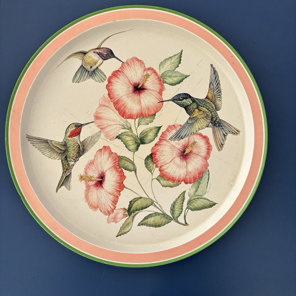Vintage Potpourri Design Hummingbirds Hibiscus Round Metal Tray 1993 Cottagecore